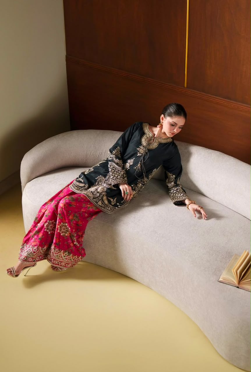 Black Silk 3PC Embroidered Suit with Farshi Shalwar