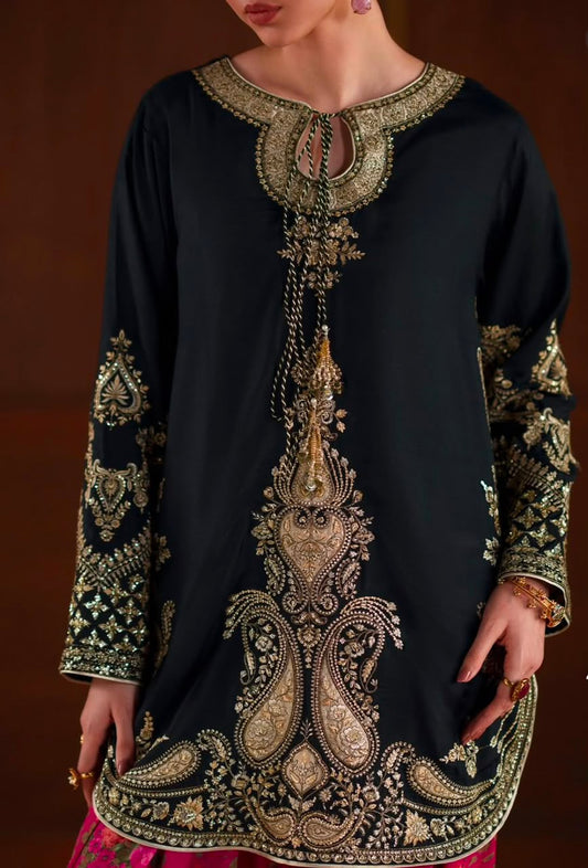 Black Silk 3PC Embroidered Suit with Farshi Shalwar