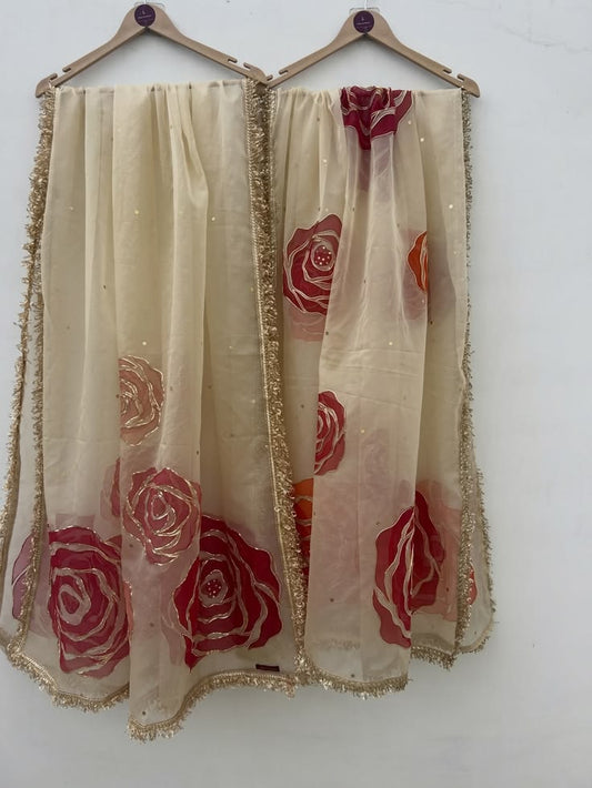 Ivory Floral Embellished Dupatta