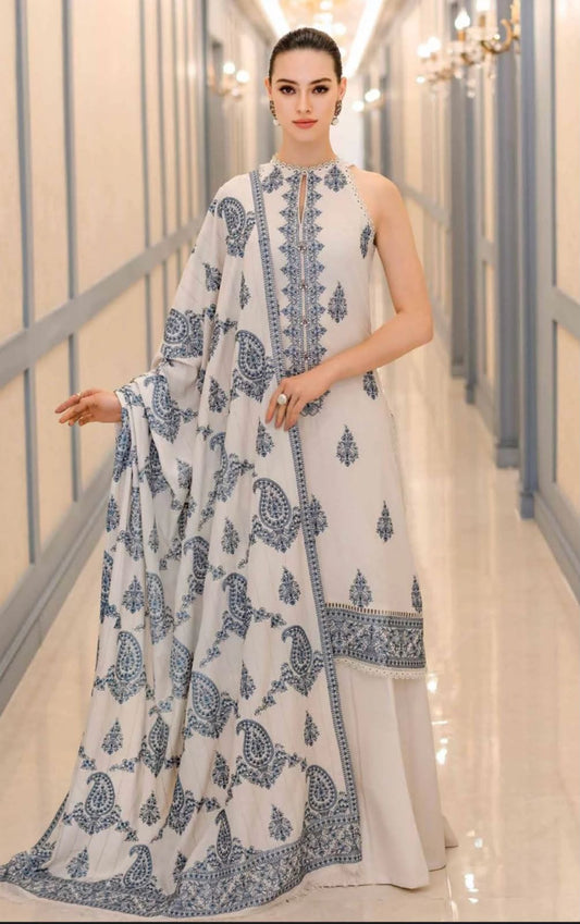 3PC Embroidered Dhanak Suit with Kashmiri Shawl