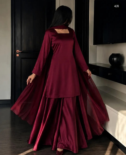 Maroon 3 Piece Suit with Wide-Leg Trouser & Sheer Dupatta