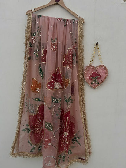 Floral Hand-Embellished Dupatta with Potli