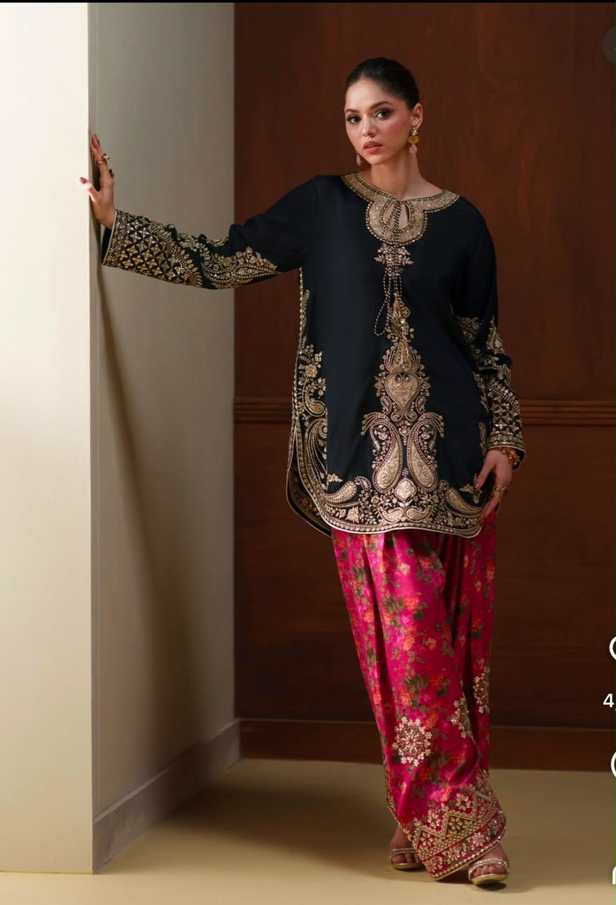 Black Silk 3PC Embroidered Suit with Farshi Shalwar