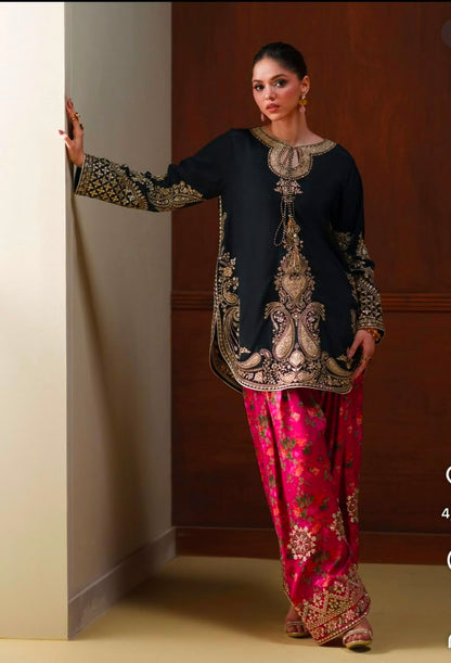 Black Silk 3PC Embroidered Suit with Farshi Shalwar