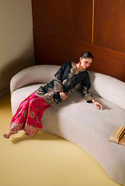 Black Silk 3PC Embroidered Suit with Farshi Shalwar