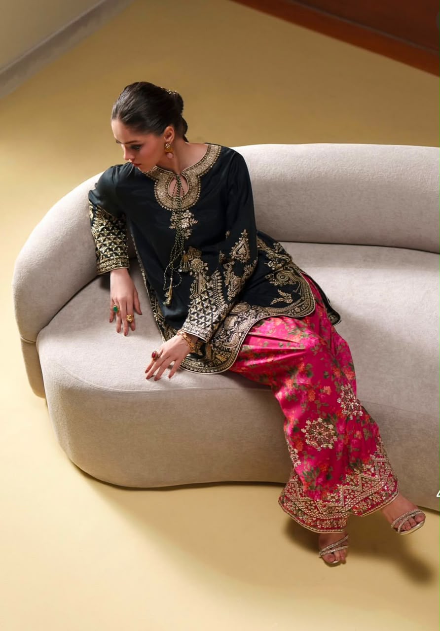 Black Silk 3PC Embroidered Suit with Farshi Shalwar