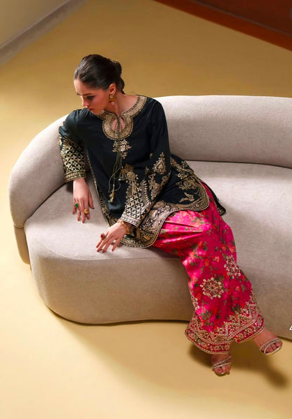 Black Silk 3PC Embroidered Suit with Farshi Shalwar