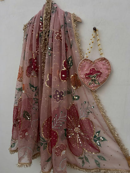 Floral Hand-Embellished Dupatta with Potli
