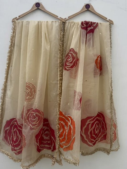 Ivory Floral Embellished Dupatta