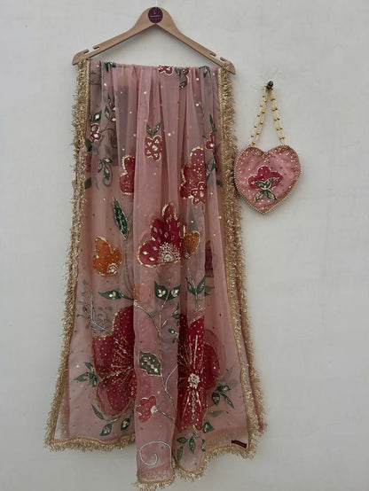 Floral Hand-Embellished Dupatta with Potli