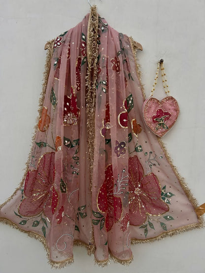 Floral Hand-Embellished Dupatta with Potli