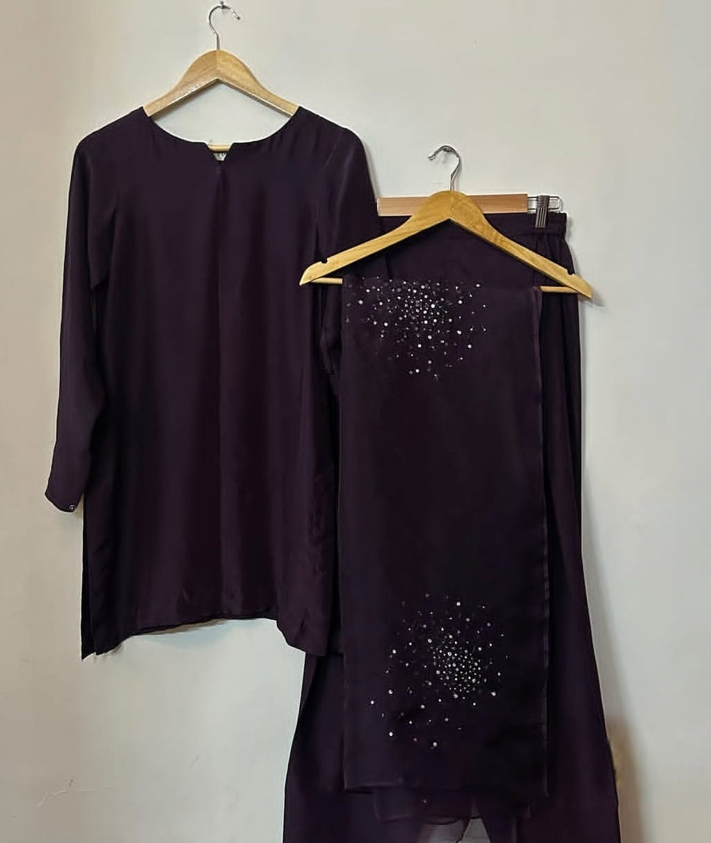 Deep Plum Farshi Shalwar Suit with Embellished Dupatta