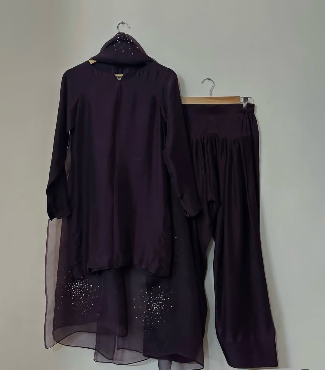 Deep Plum Farshi Shalwar Suit with Embellished Dupatta