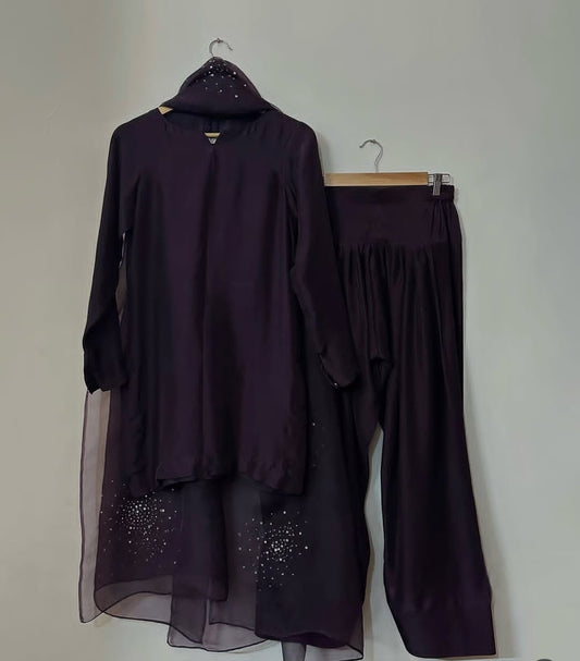 Deep Plum Farshi Shalwar Suit with Embellished Dupatta