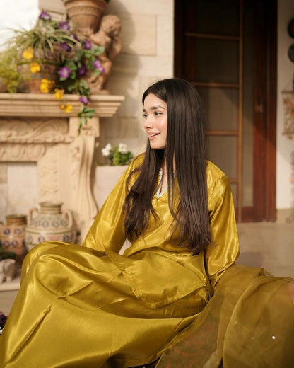 Mustard Gold Farshi Shalwar Suit with Organza Dupatta