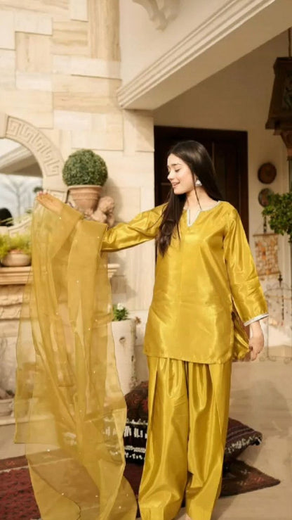 Mustard Gold Farshi Shalwar Suit with Organza Dupatta