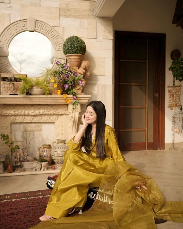 Mustard Gold Farshi Shalwar Suit with Organza Dupatta