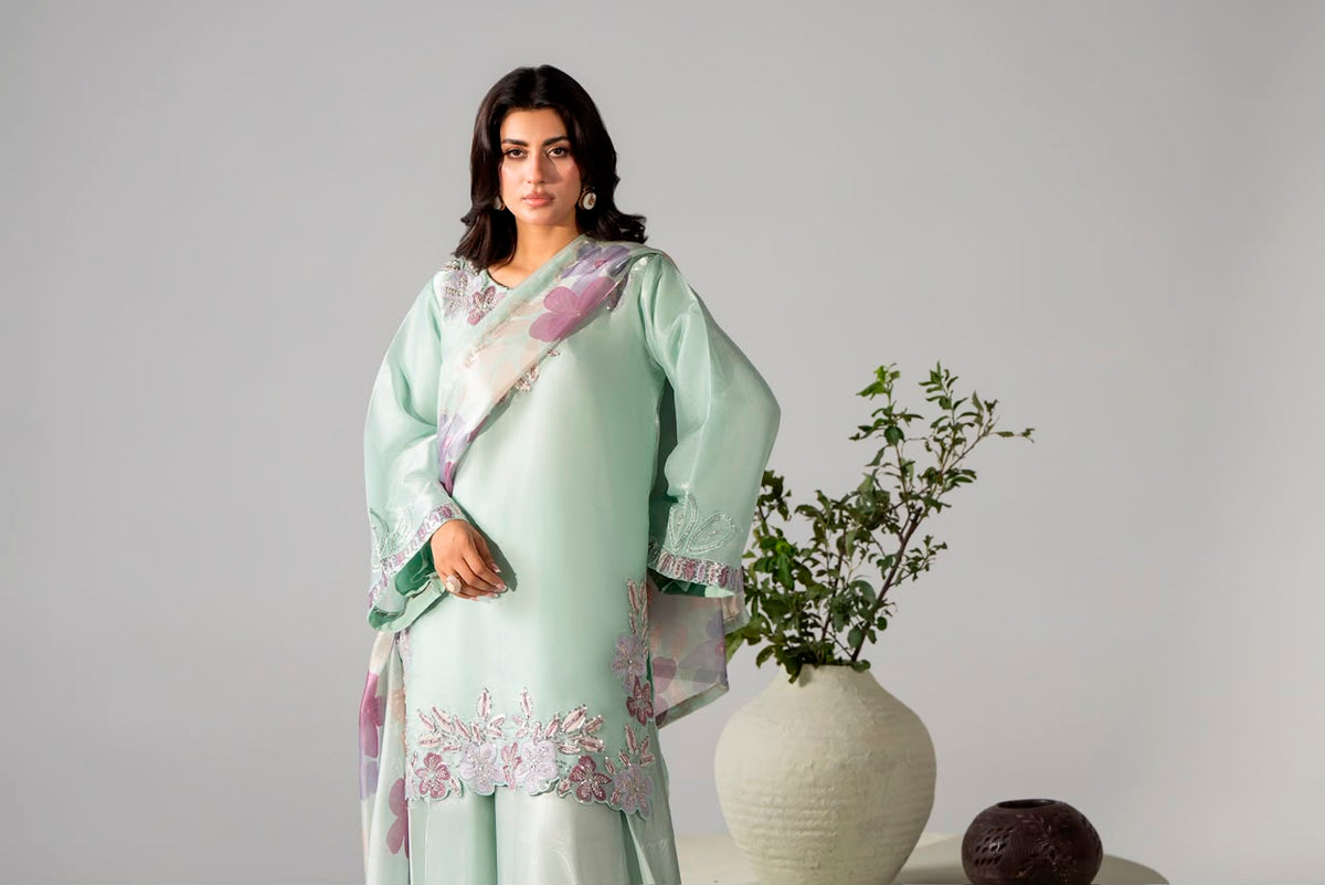 Sheesha Silk Luxury Pret 3PC Embroidered Suit with Sharara