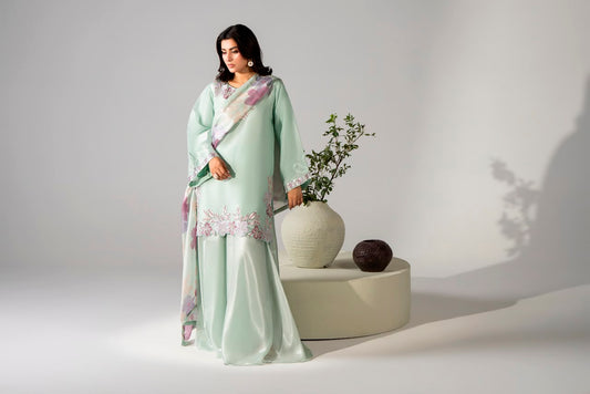 Sheesha Silk Luxury Pret 3PC Embroidered Suit with Sharara