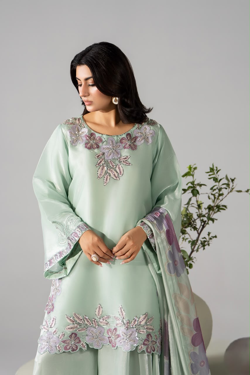 Sheesha Silk Luxury Pret 3PC Embroidered Suit with Sharara