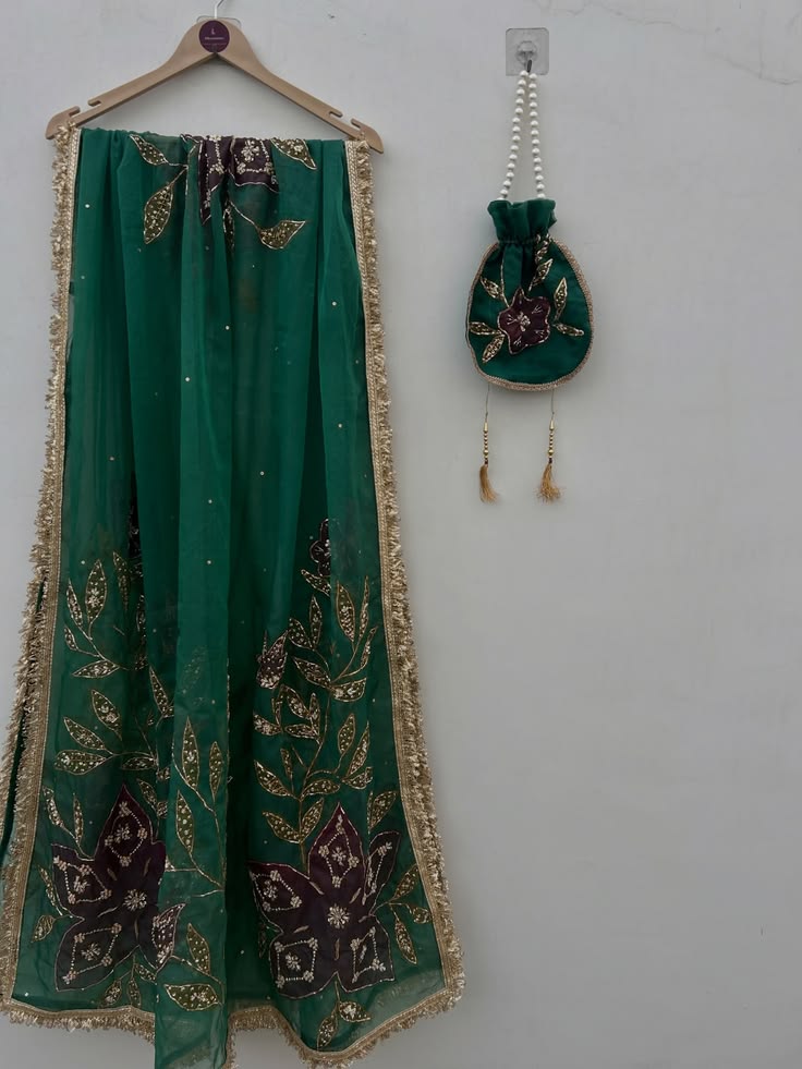Embroidered Floral Dupatta with Potli