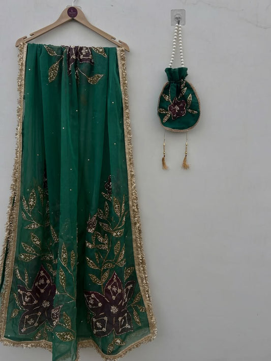 Embroidered Floral Dupatta with Potli