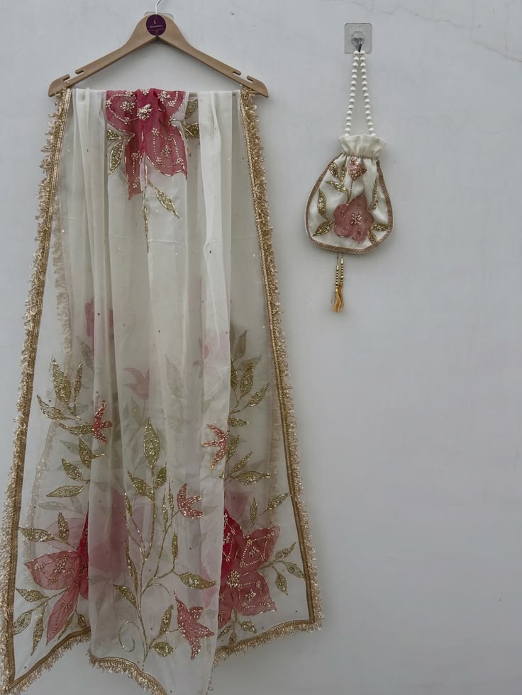 Embroidered Floral Dupatta with Potli