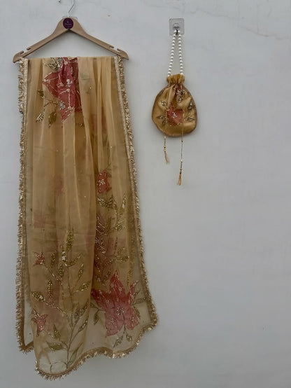 Embroidered Floral Dupatta with Potli