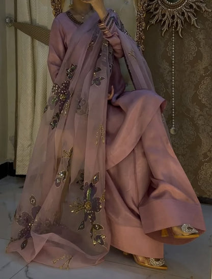 Dusty Mauve Farshi Shalwar 3 Piece Suit | Embellished Dupatta