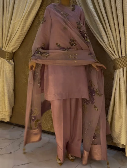 Dusty Mauve Farshi Shalwar 3 Piece Suit | Embellished Dupatta