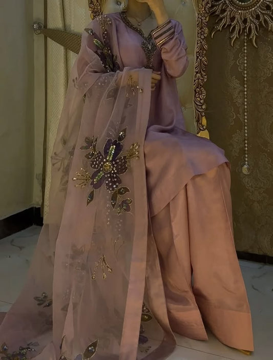 Dusty Mauve Farshi Shalwar 3 Piece Suit | Embellished Dupatta