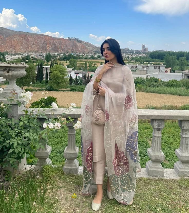 Beige 3 Piece Suit with Floral Embellished Dupatta