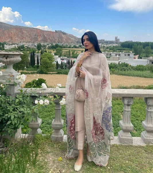 Beige 3 Piece Suit with Floral Embellished Dupatta