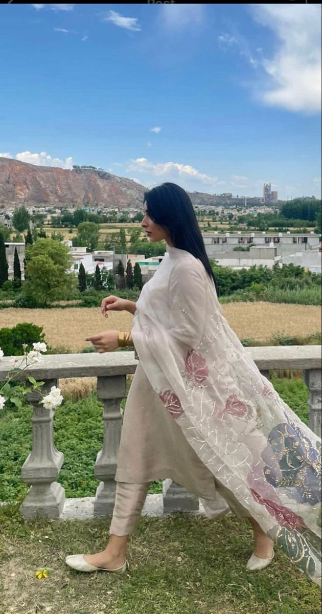Beige 3 Piece Suit with Floral Embellished Dupatta