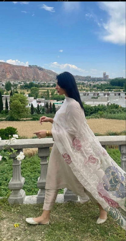 Beige 3 Piece Suit with Floral Embellished Dupatta