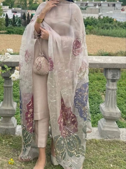 Beige 3 Piece Suit with Floral Embellished Dupatta