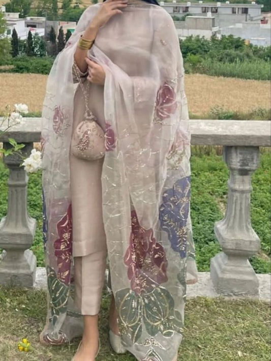 Beige 3 Piece Suit with Floral Embellished Dupatta
