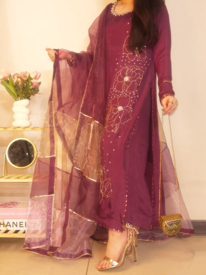Maroon 3 Piece Handwork Suit with Organza Dupatta