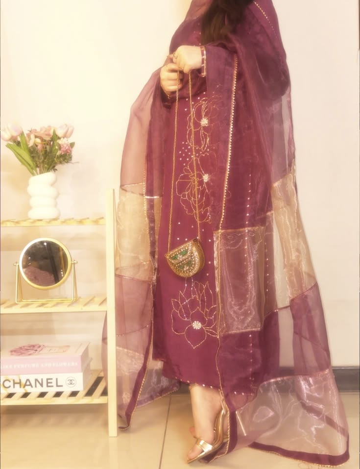 Maroon 3 Piece Handwork Suit with Organza Dupatta