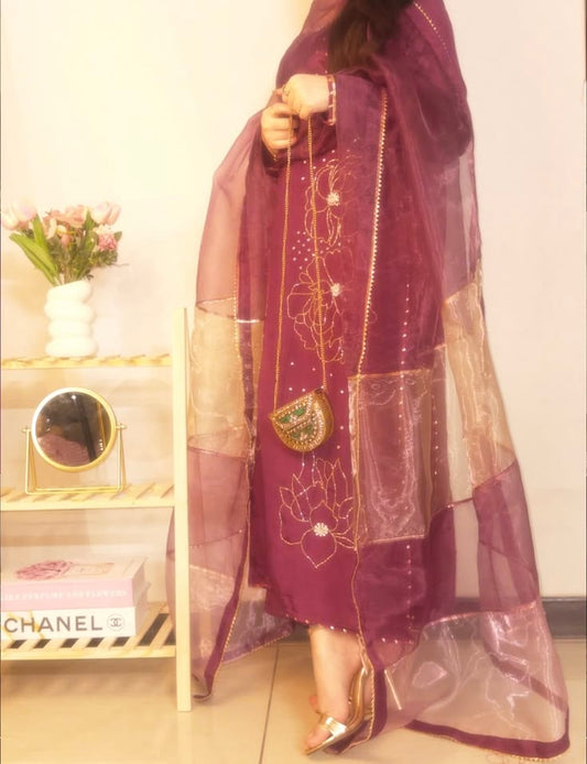 Maroon 3 Piece Handwork Suit with Organza Dupatta