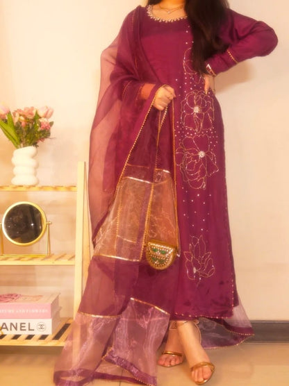 Maroon 3 Piece Handwork Suit with Organza Dupatta