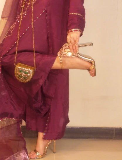 Maroon 3 Piece Handwork Suit with Organza Dupatta