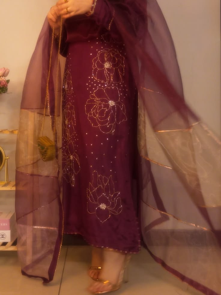 Maroon 3 Piece Handwork Suit with Organza Dupatta