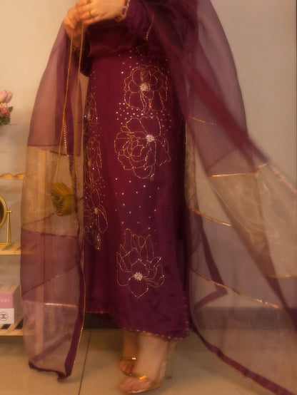 Maroon 3 Piece Handwork Suit with Organza Dupatta