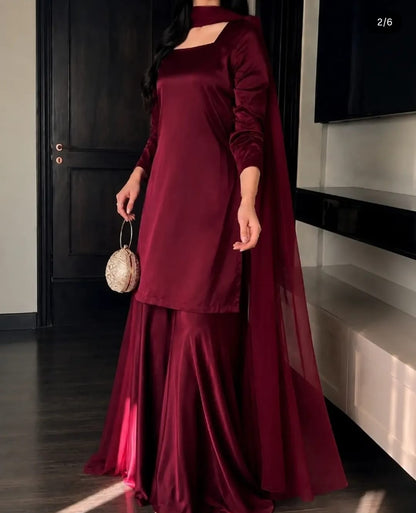 Maroon 3 Piece Suit with Wide-Leg Trouser & Sheer Dupatta