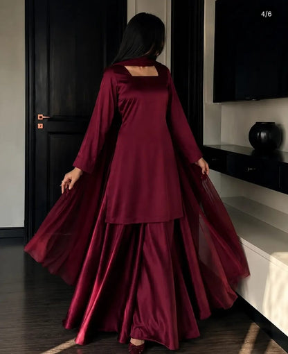 Maroon 3 Piece Suit with Wide-Leg Trouser & Sheer Dupatta