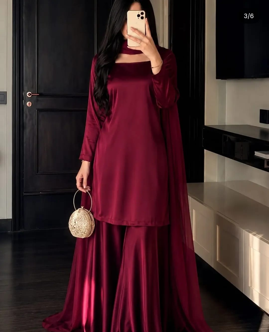 Maroon 3 Piece Suit with Wide-Leg Trouser & Sheer Dupatta