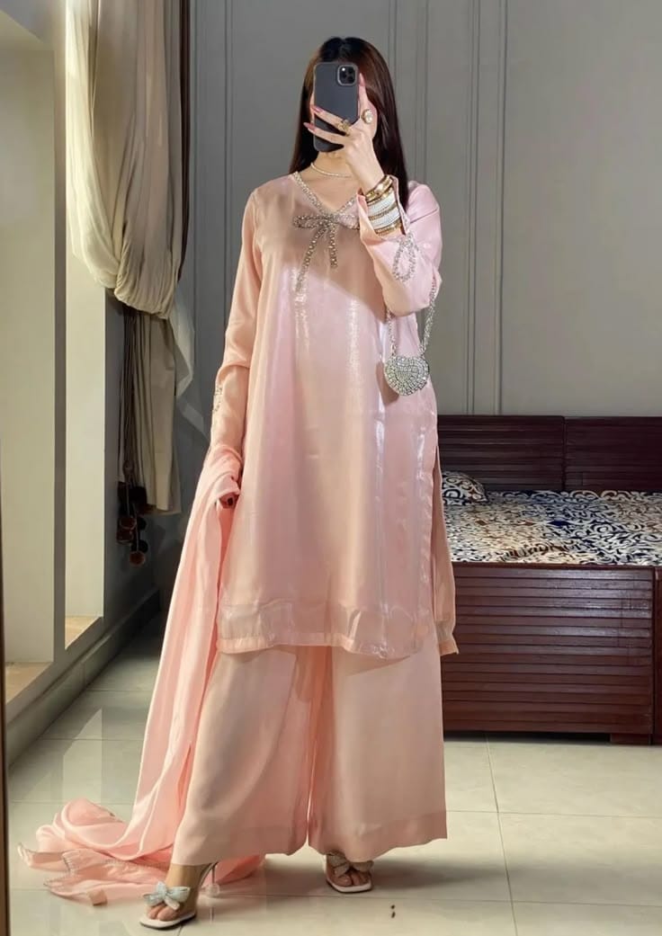 Blush Pink Embellished 3 Piece Suit with Wide-Leg Trousers