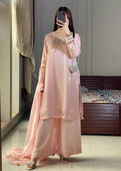 Blush Pink Embellished 3 Piece Suit with Wide-Leg Trousers