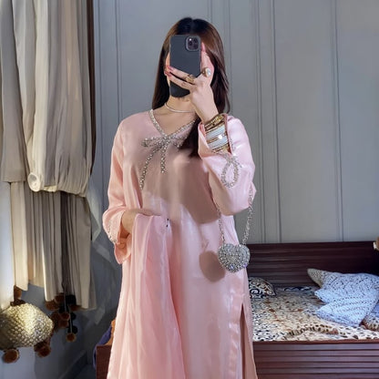 Blush Pink Embellished 3 Piece Suit with Wide-Leg Trousers